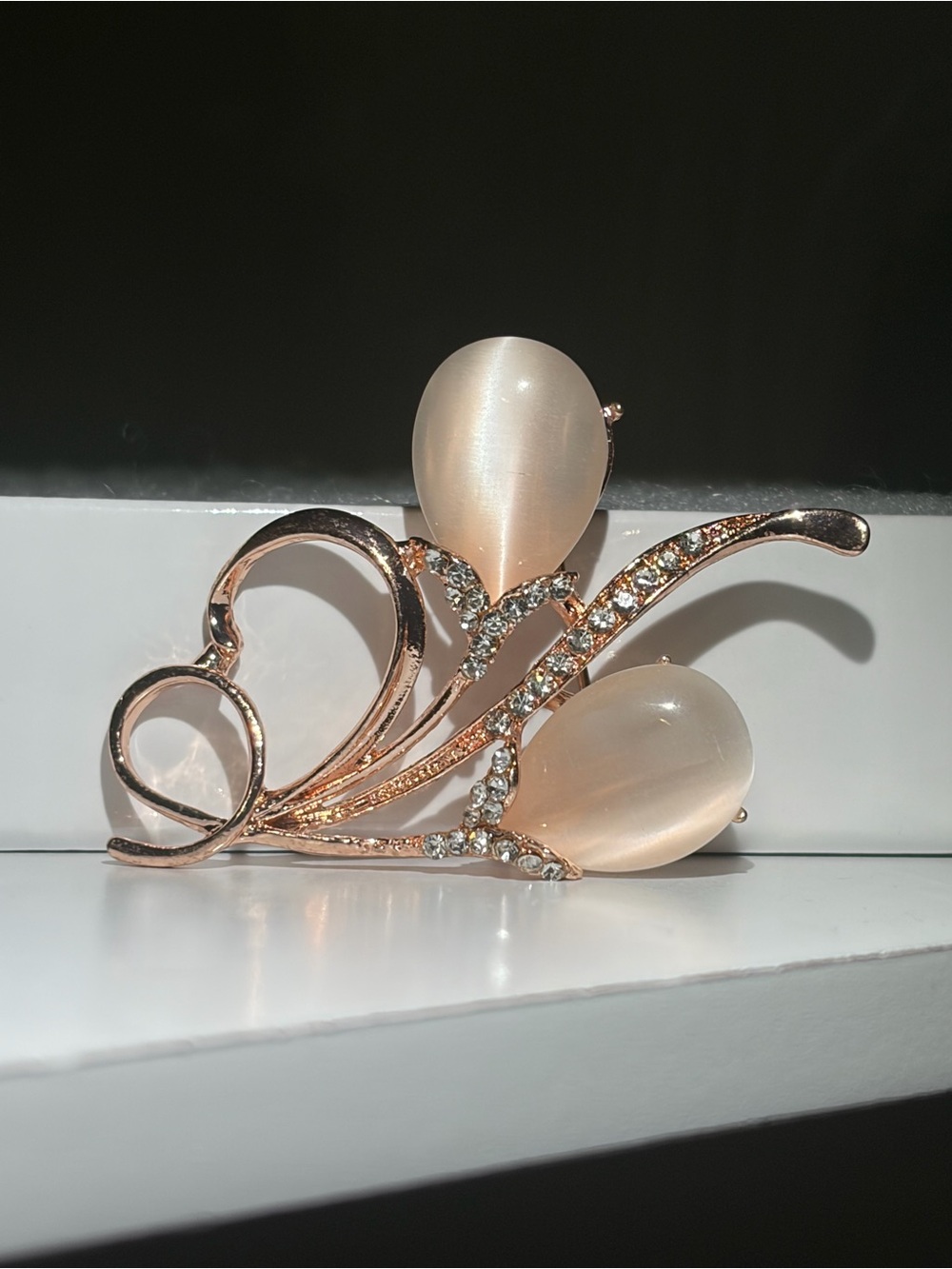 Rose Gold Floral Teardrop Brooch with Champagne Pearlescent Cabochons
